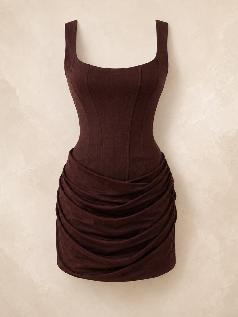 Chocolate Brown Ruched Mini Dress with Square Neck